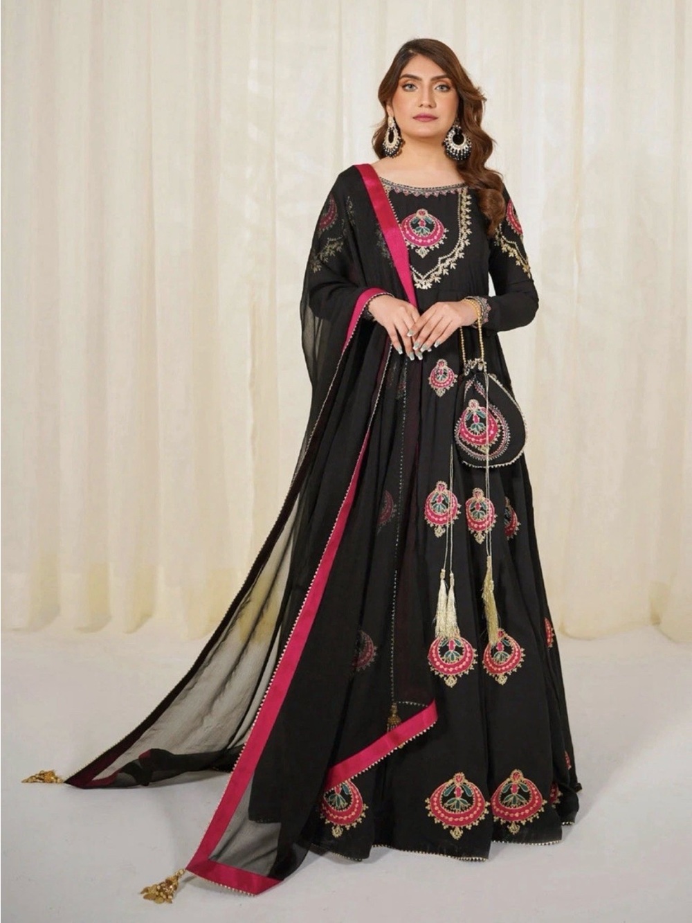 Elegant Black & Pink Embroidered Women's Dress maxi